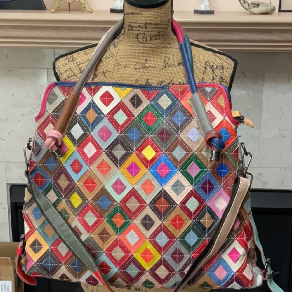 Italian Leather Multicolor Diamond Patchwork Shoulder Bag - Women Bags